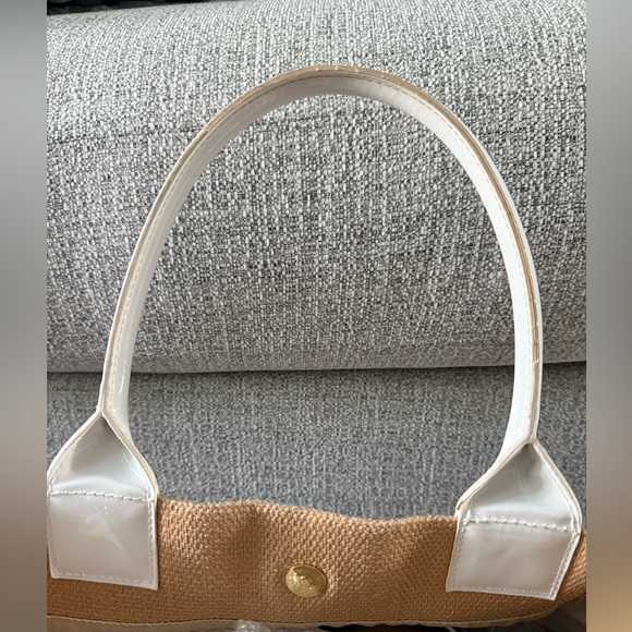TORY BURCH Ella Tote Bag in White Patent Leather and Beige Raffia/Canvas Fabric - Picture 5 of 13
